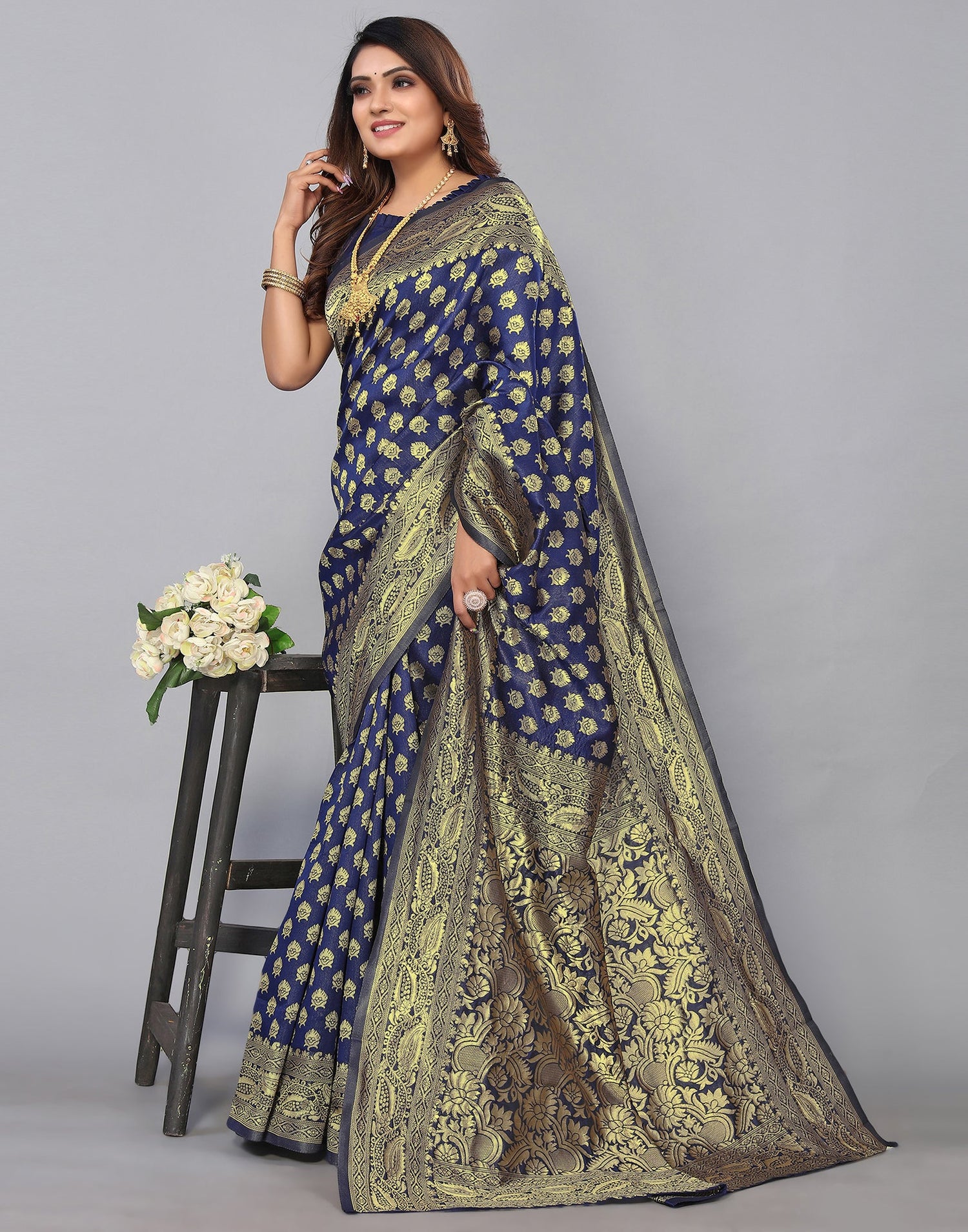 Navy Blue Banarasi Silk Saree | Sudathi