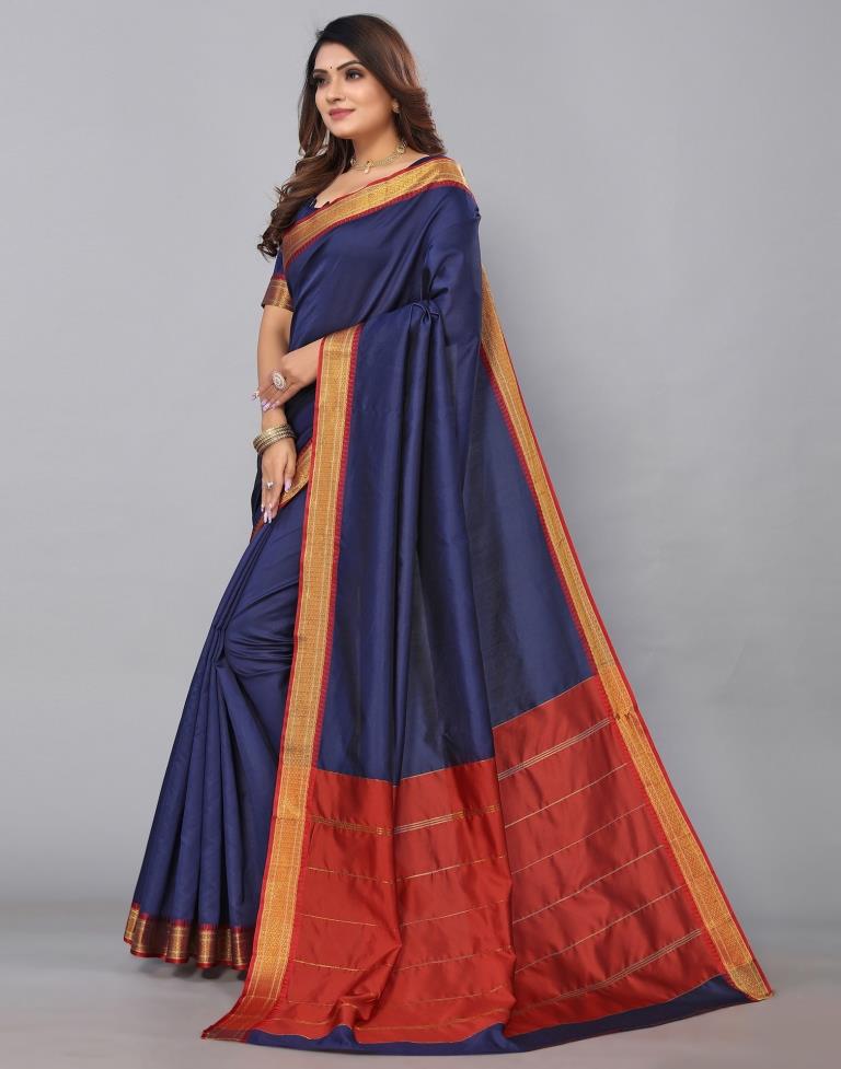 Navy Blue Silk Plain Woven Saree | Sudathi