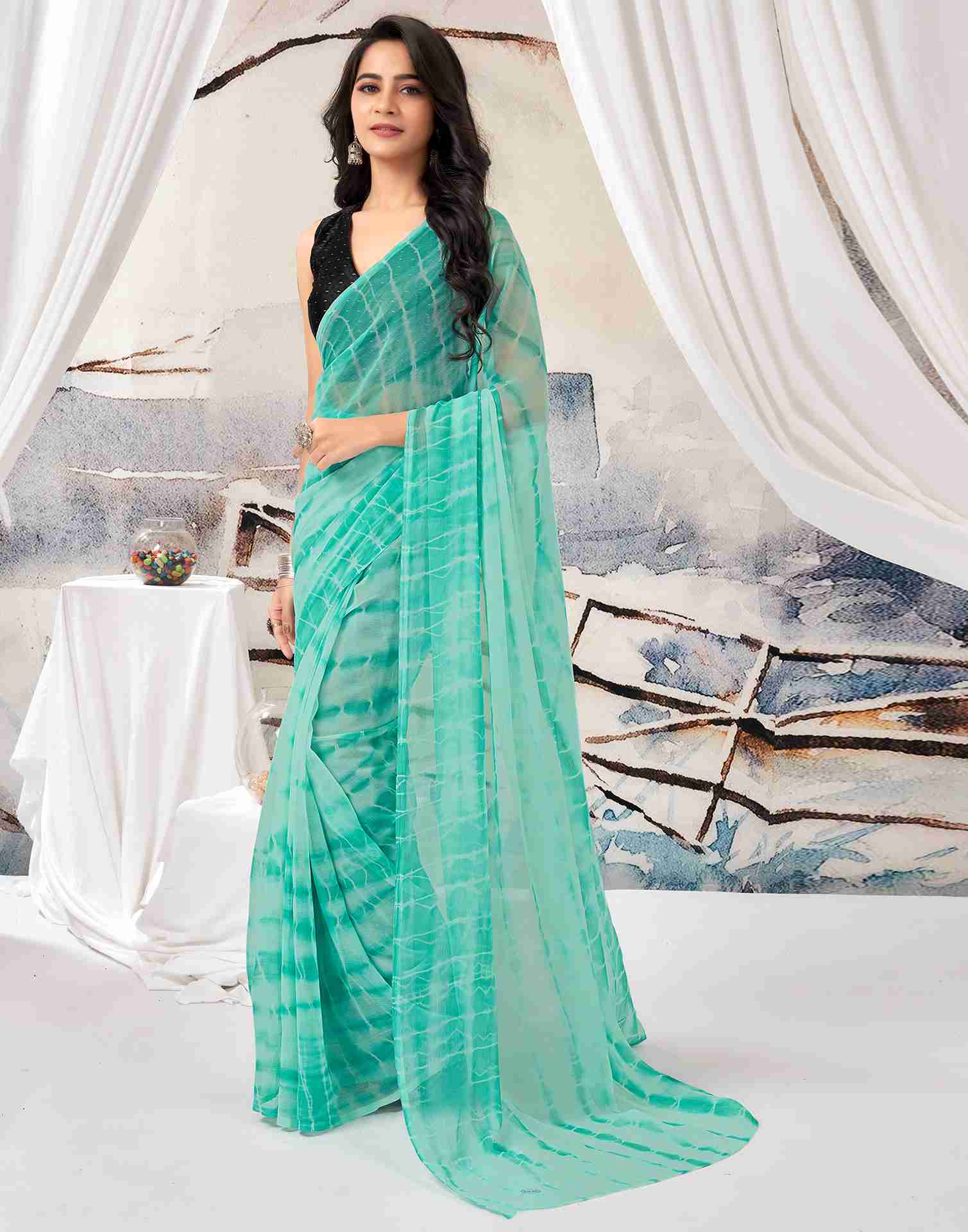 Ready To Wear Turquoise Chiffon Printed Saree