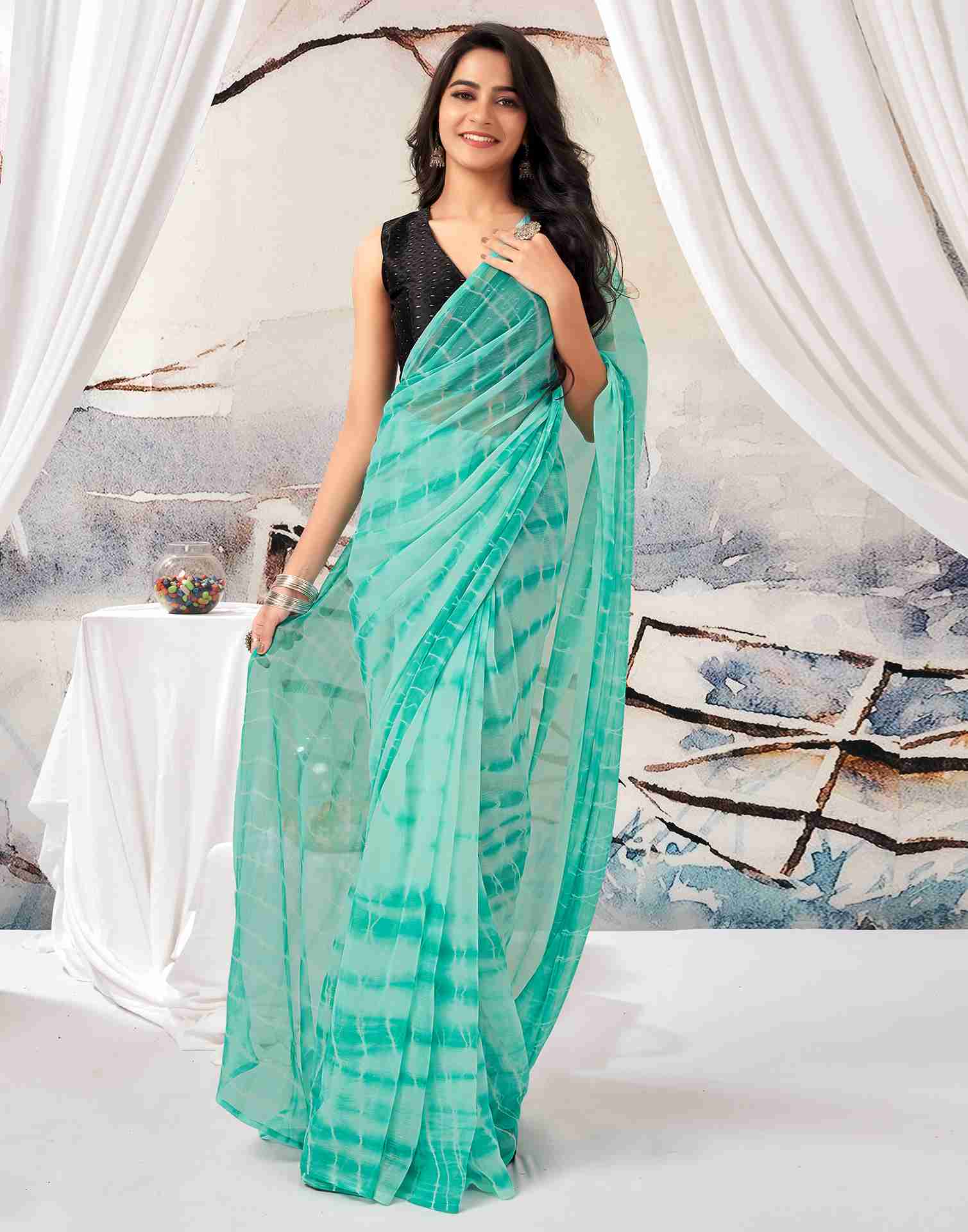 Ready To Wear Turquoise Chiffon Printed Saree