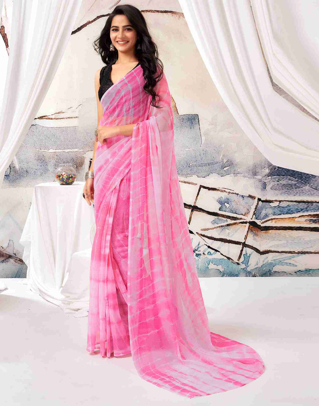 Ready To Wear Pink Chiffon Printed Saree