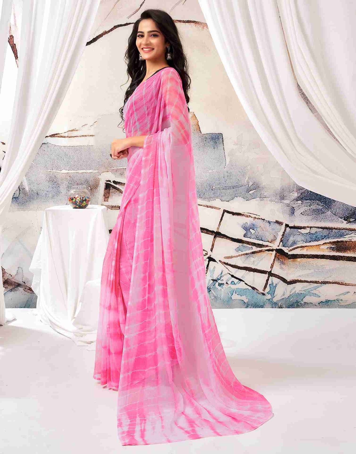 Ready To Wear Pink Chiffon Printed Saree