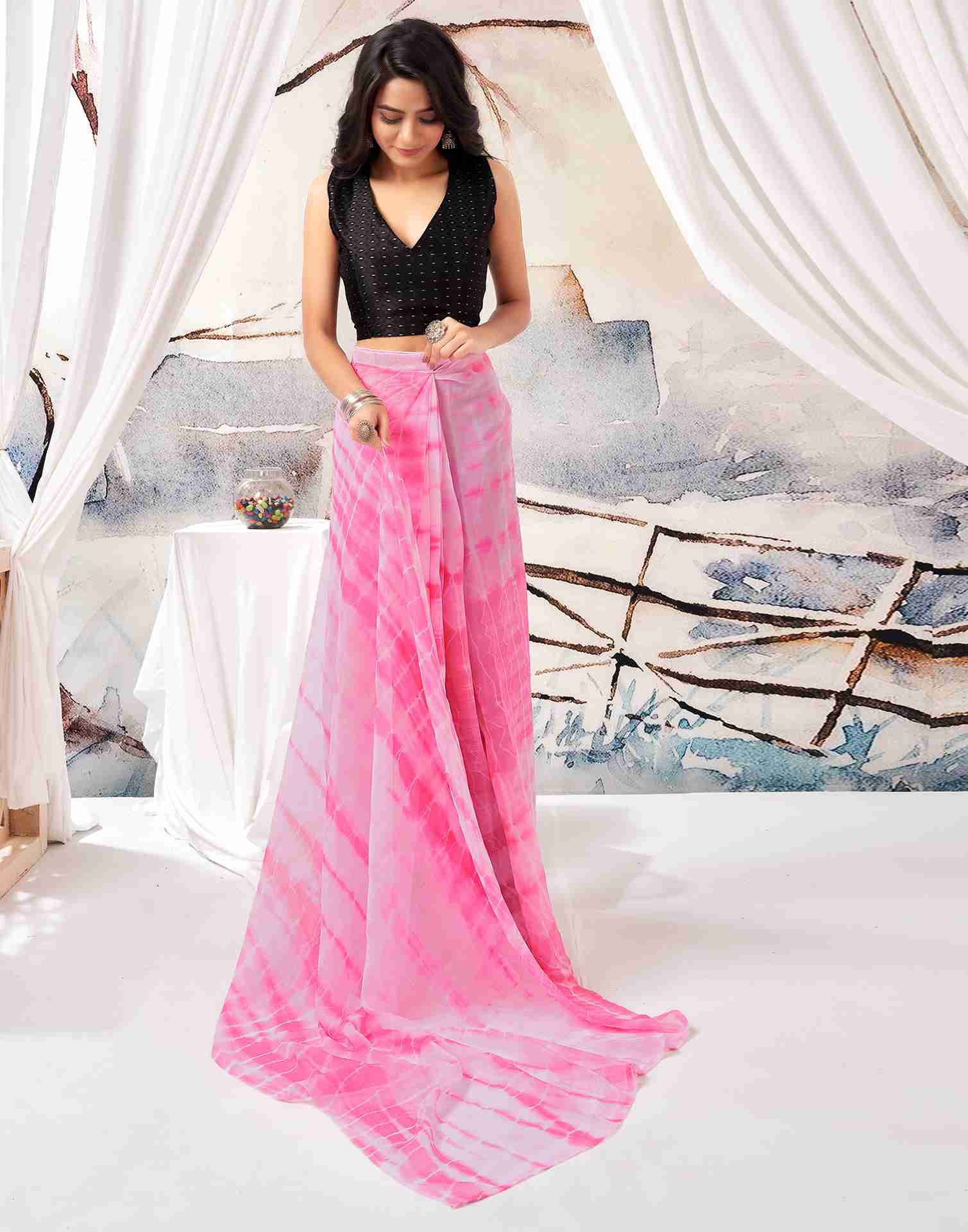 Ready To Wear Pink Chiffon Printed Saree