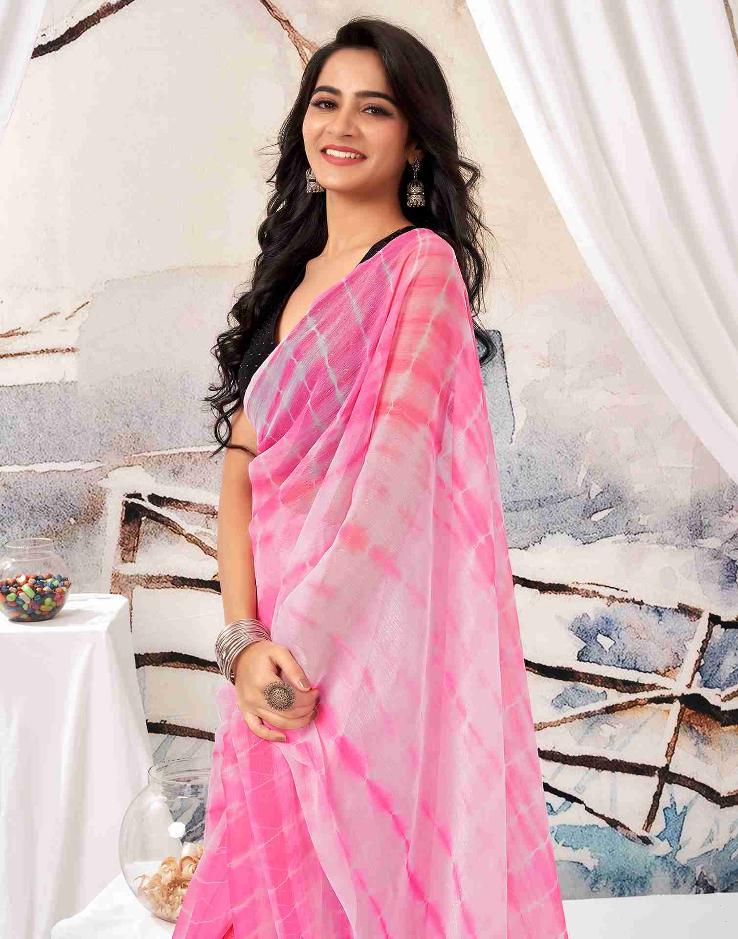 Ready To Wear Pink Chiffon Printed Saree