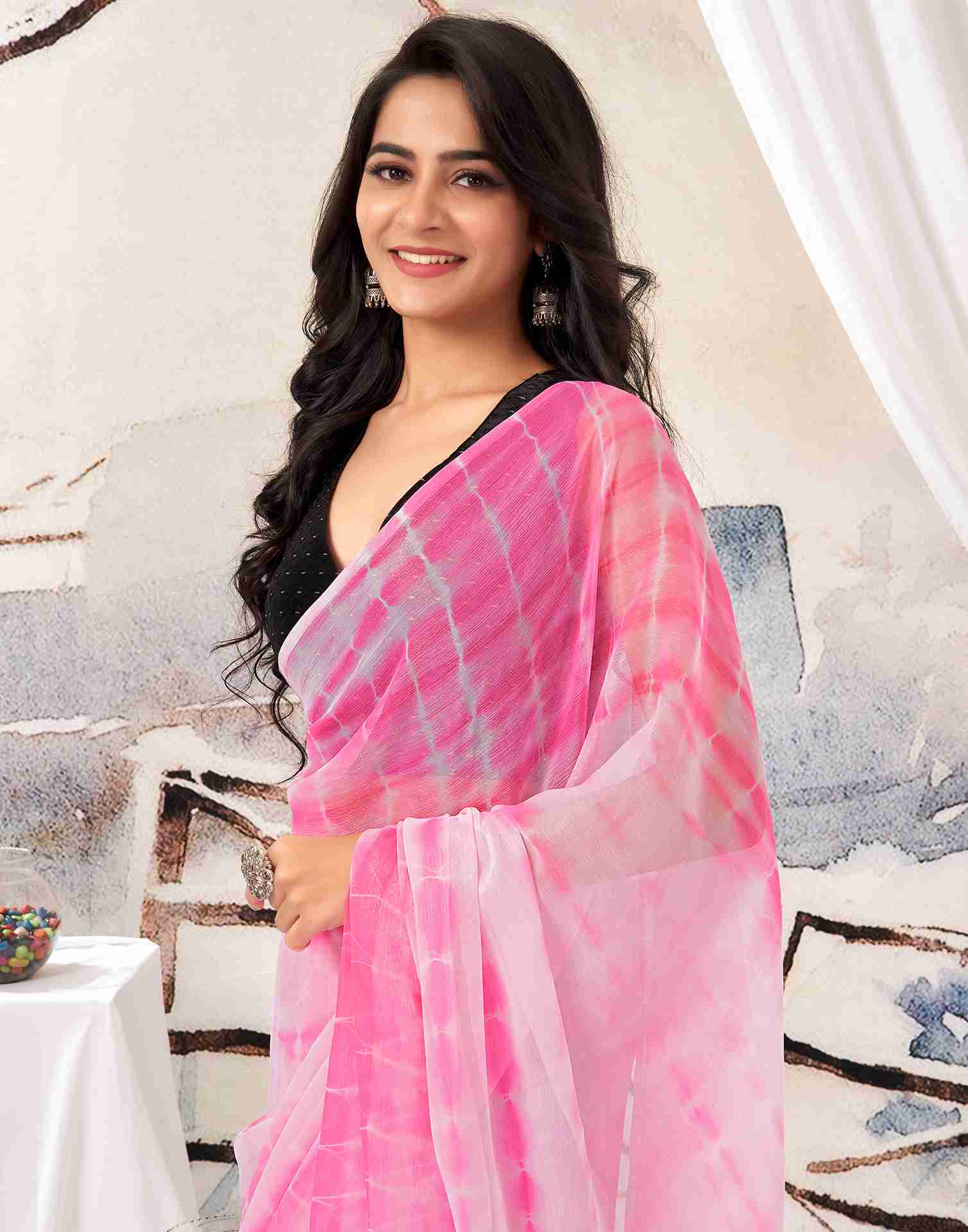 Ready To Wear Pink Chiffon Printed Saree