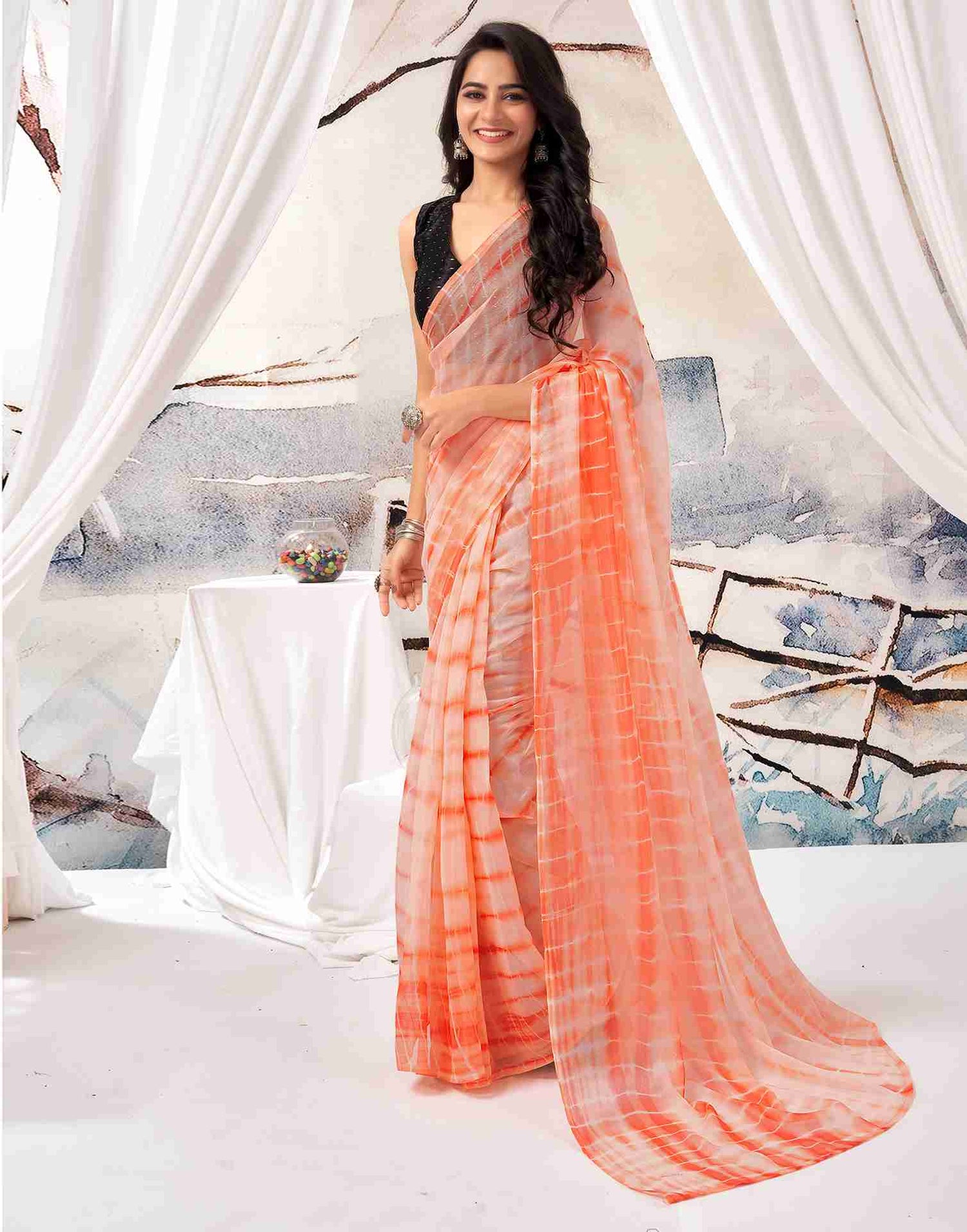 Ready To Wear Peach Chiffon Printed Saree