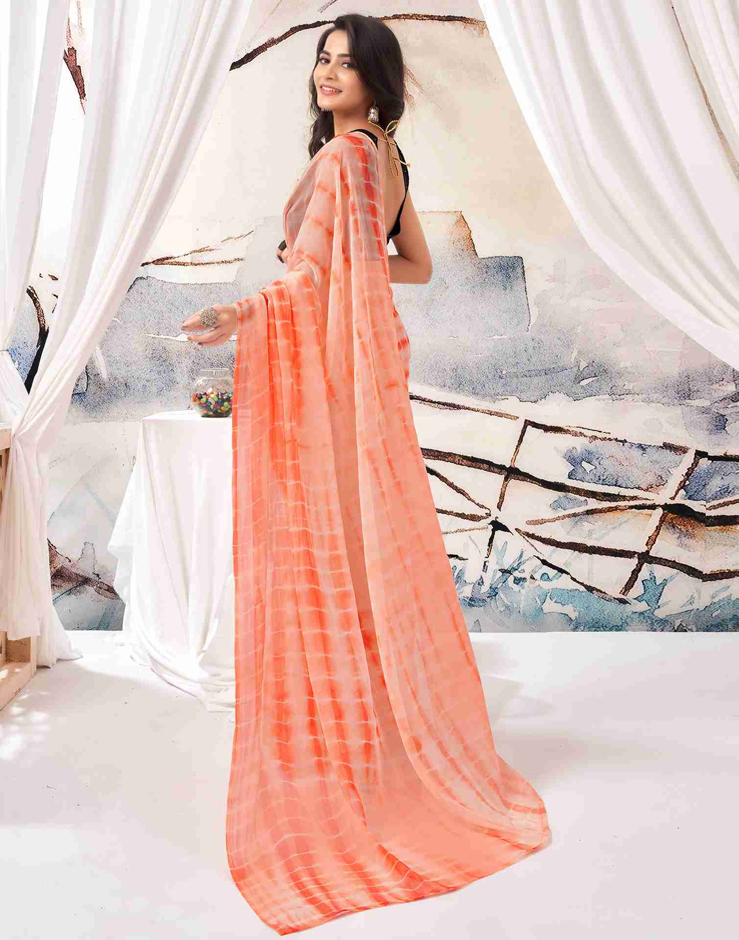 Ready To Wear Peach Chiffon Printed Saree