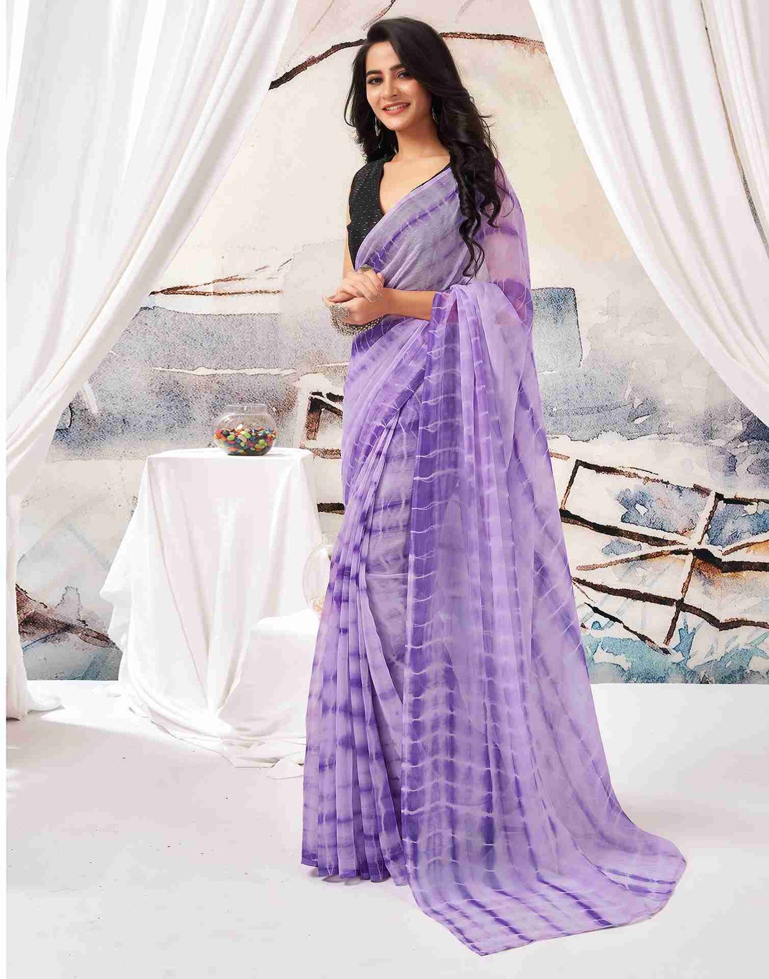 Ready To Wear Lavender Chiffon Printed Saree