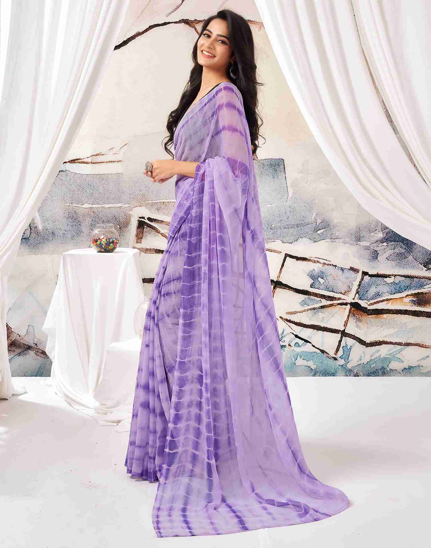 Ready To Wear Lavender Chiffon Printed Saree