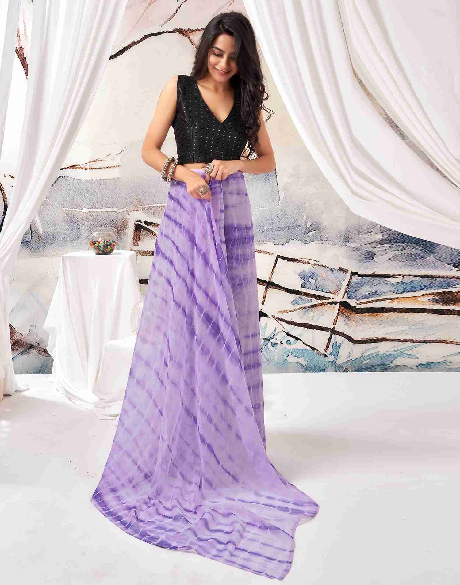 Ready To Wear Lavender Chiffon Printed Saree