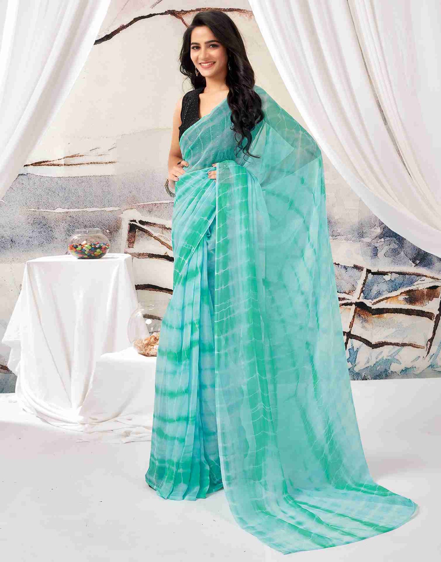 Ready To Wear Sky Blue Chiffon Printed Saree