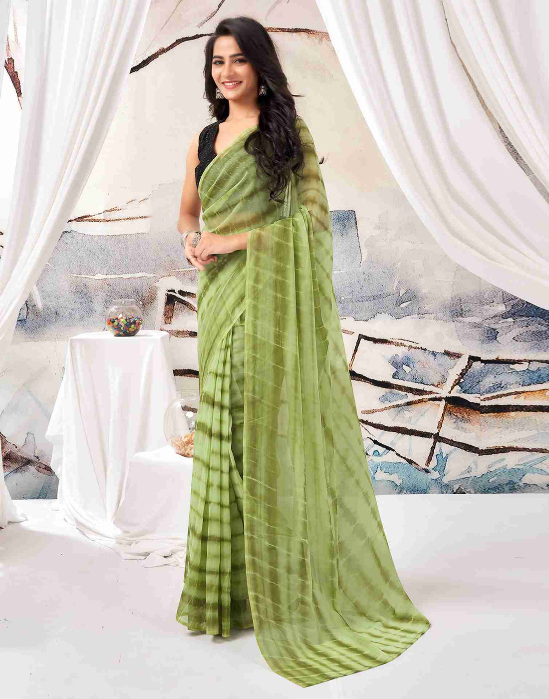 Ready To Wear Pista Green Chiffon Printed Saree