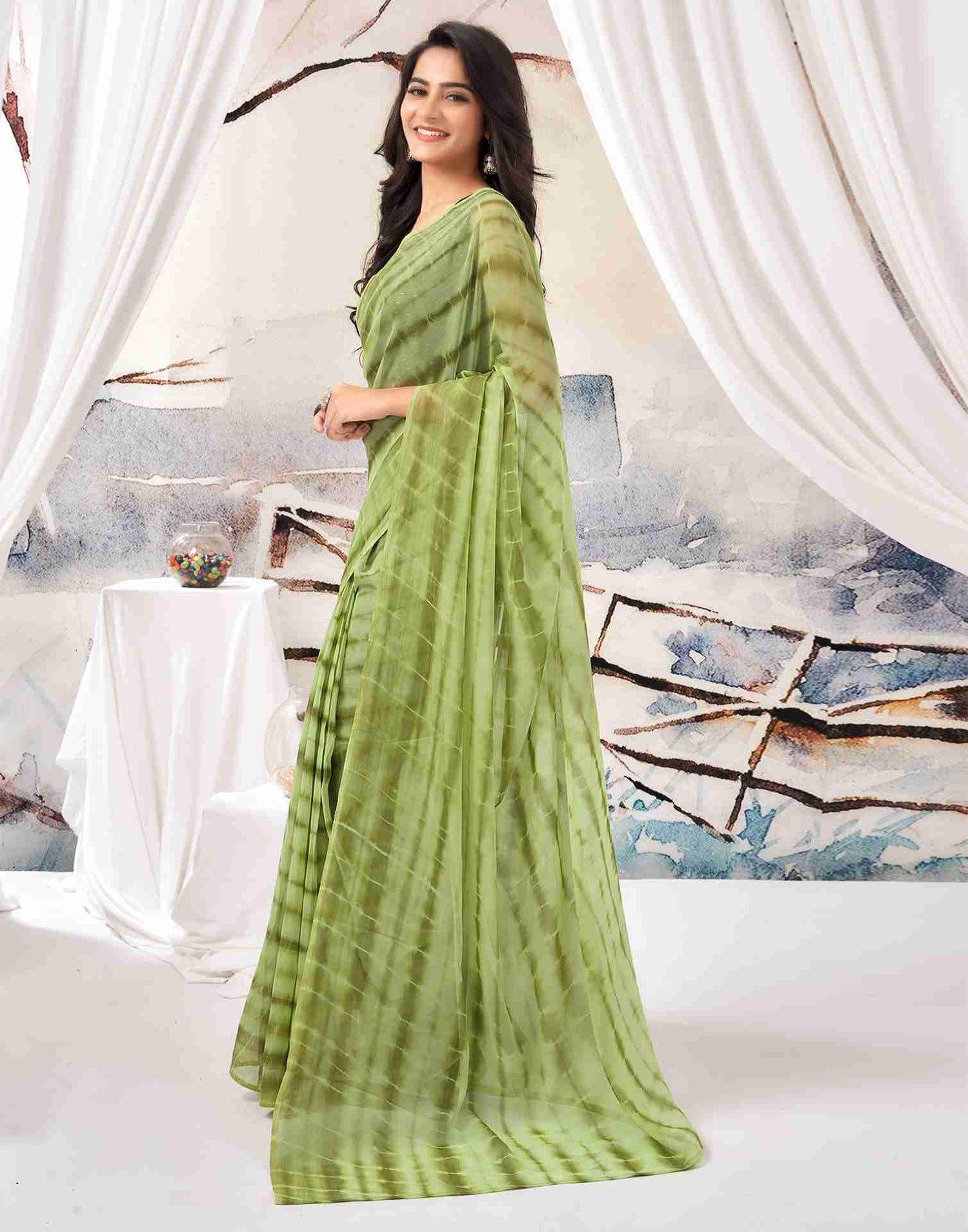 Ready To Wear Pista Green Chiffon Printed Saree