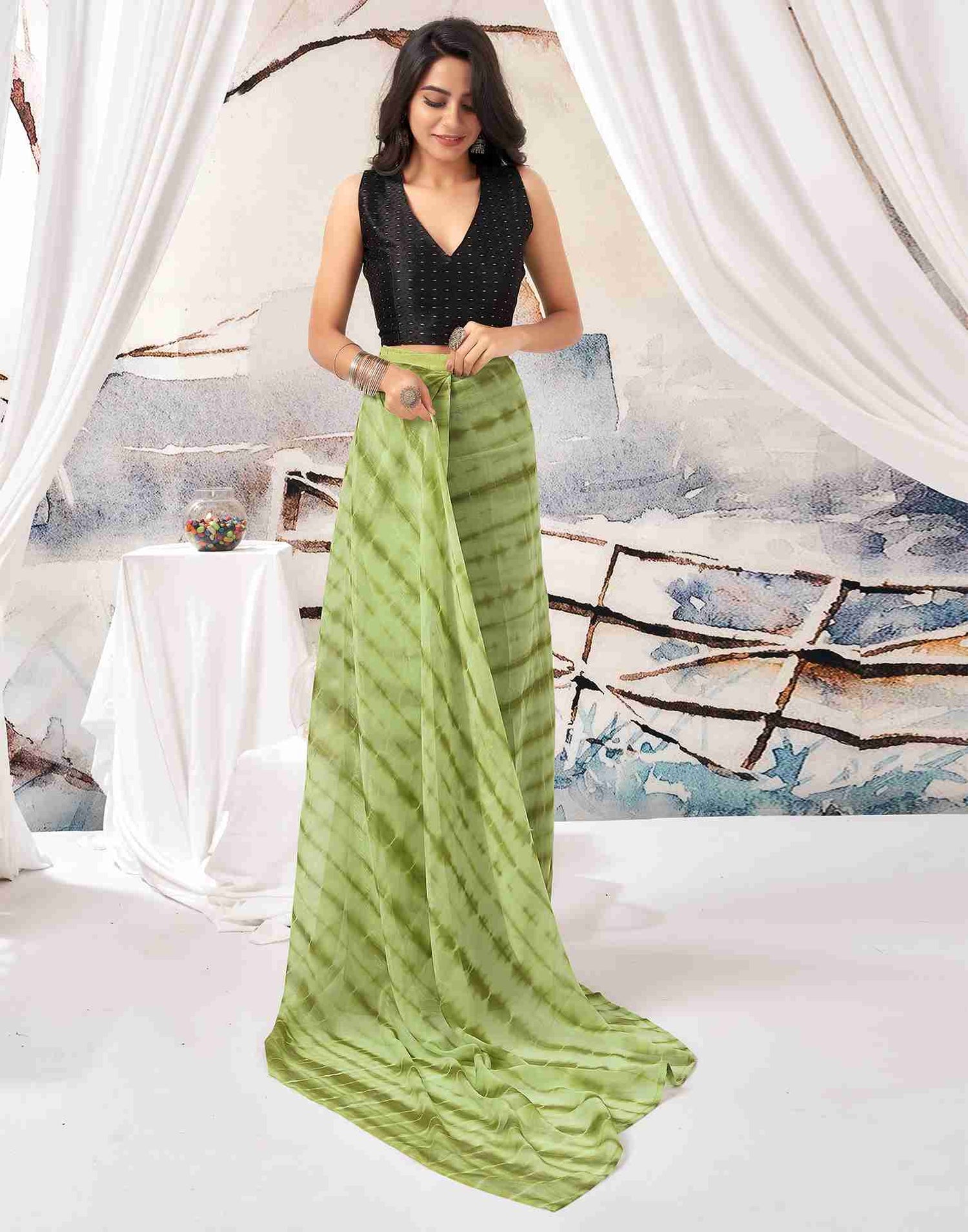 Ready To Wear Pista Green Chiffon Printed Saree