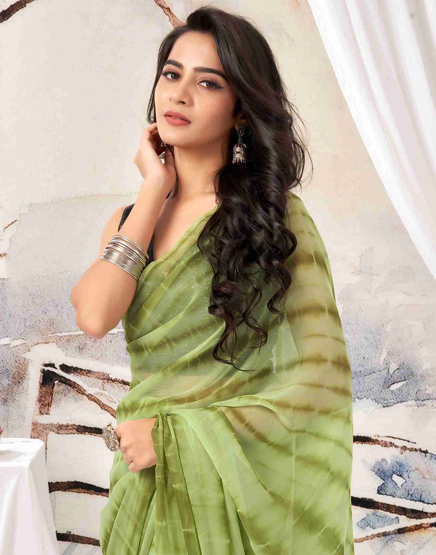 Ready To Wear Pista Green Chiffon Printed Saree