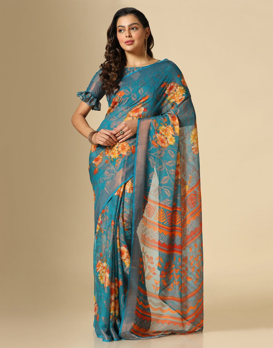 Rama Green Brasso Printed Woven Saree | Sudathi