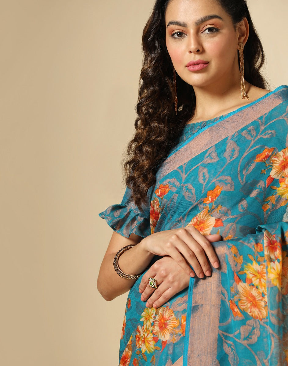 Rama Green Brasso Printed Woven Saree | Sudathi