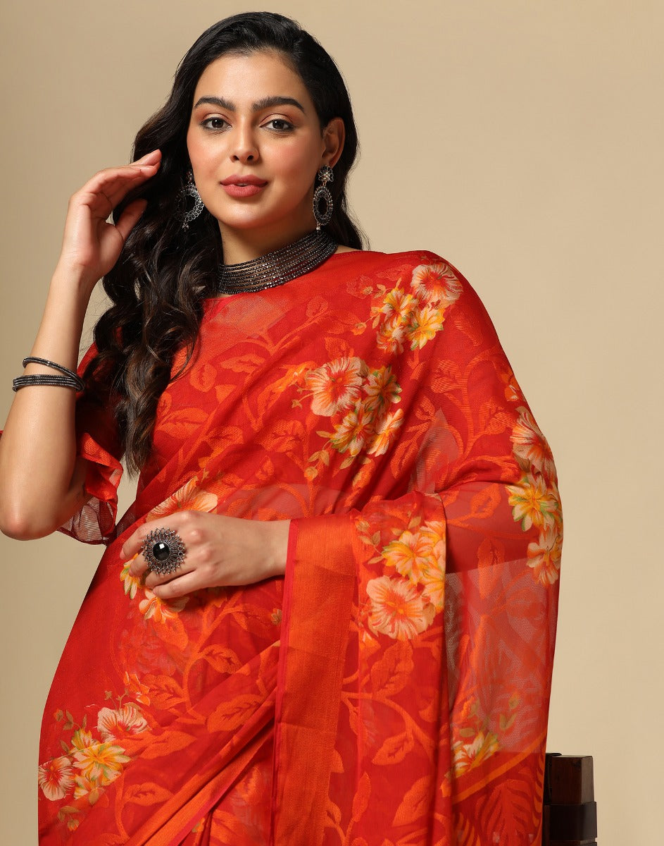 Red Brasso Printed Woven Saree | Sudathi