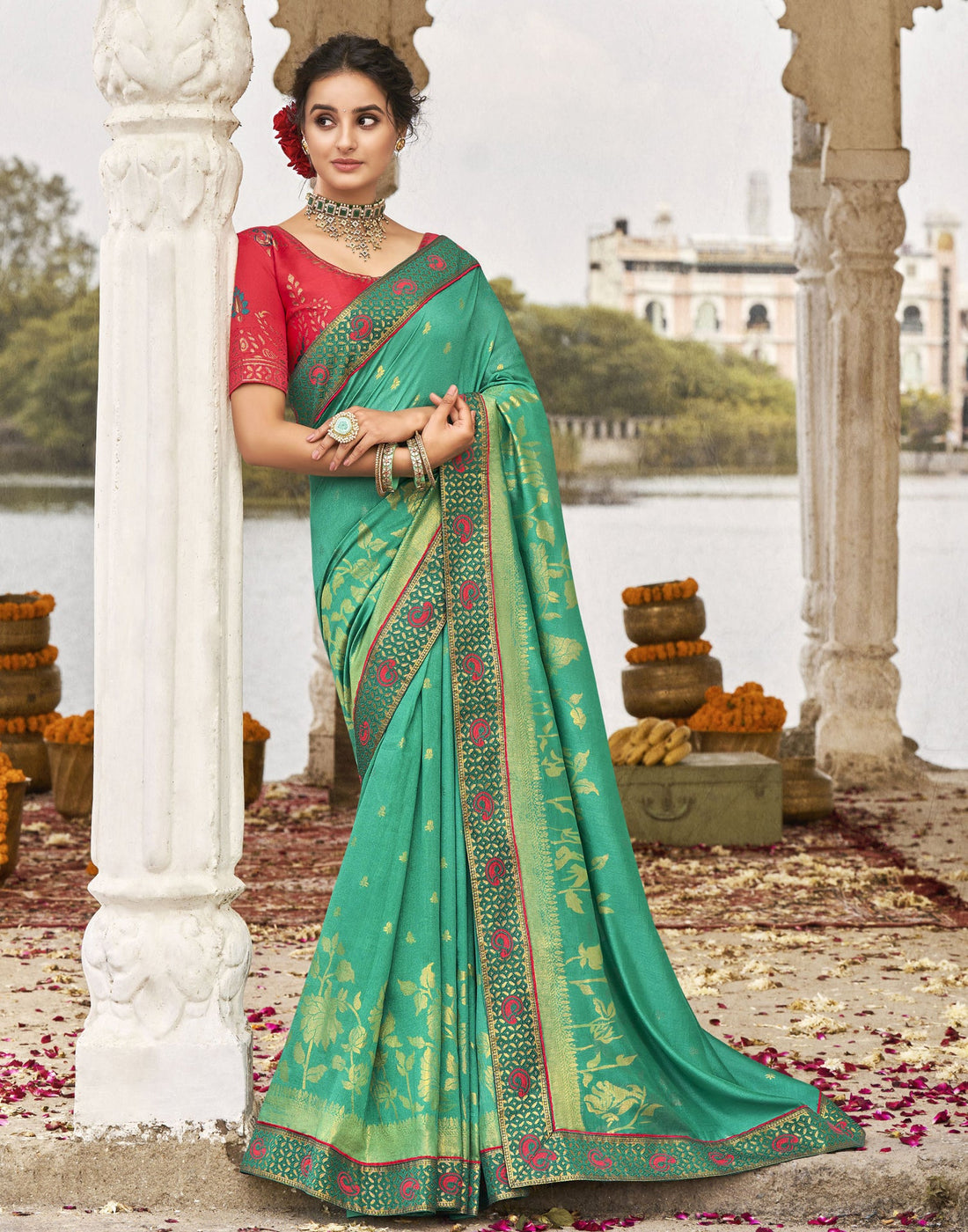 Turquoise Green Silk Saree | Leemboodi