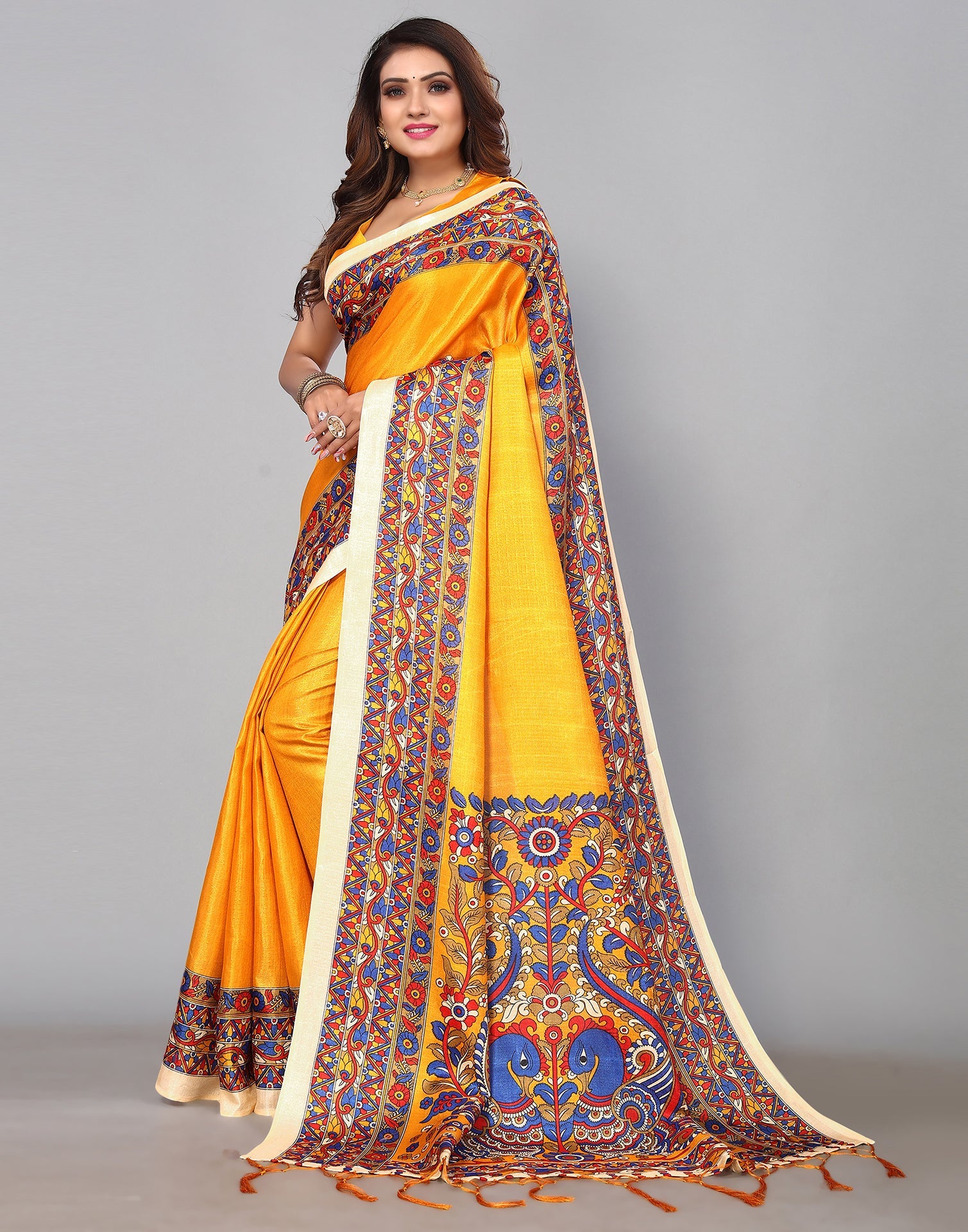 Yellow Silk Printed Saree | Sudathi