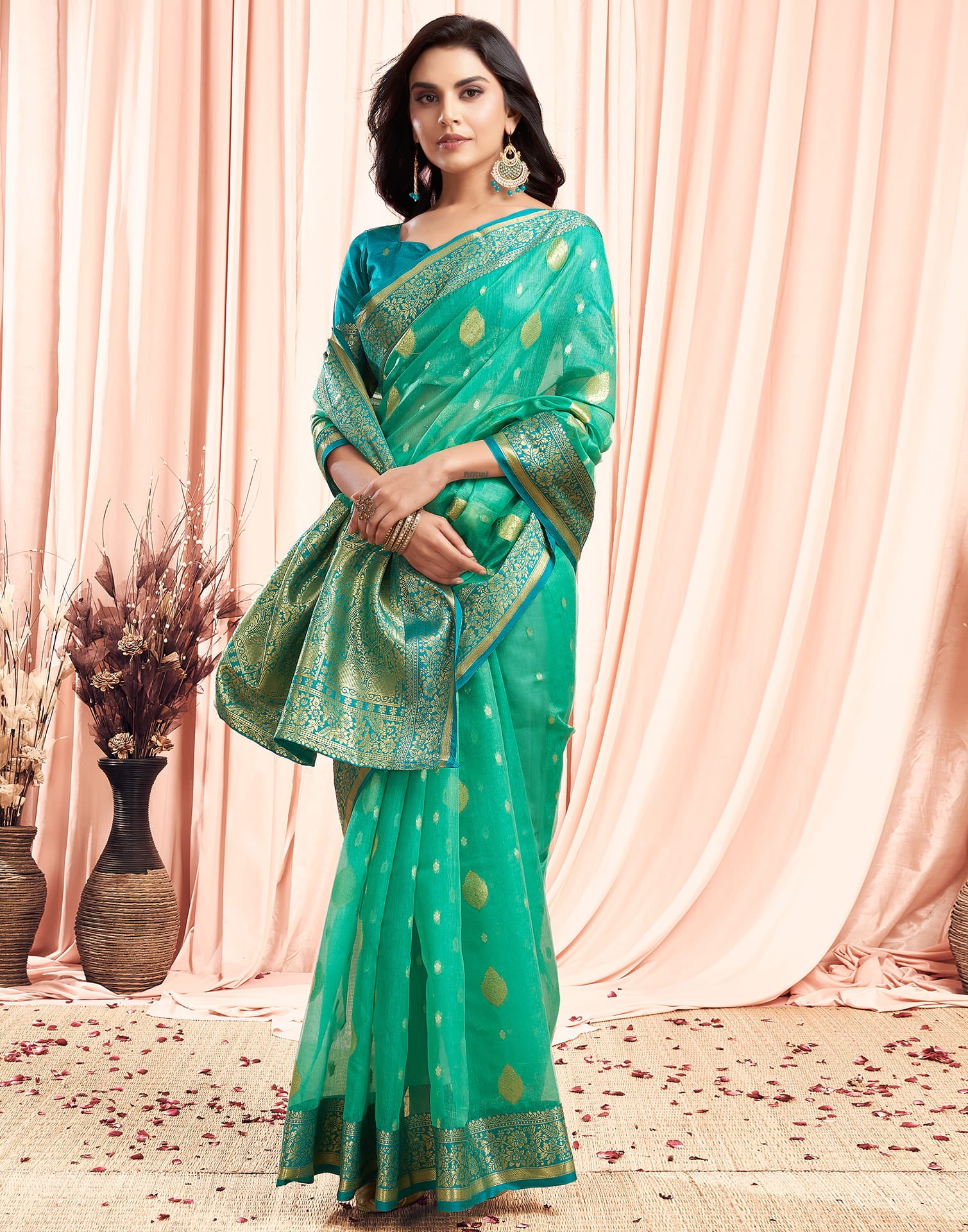 Turquoise Green Silk Saree