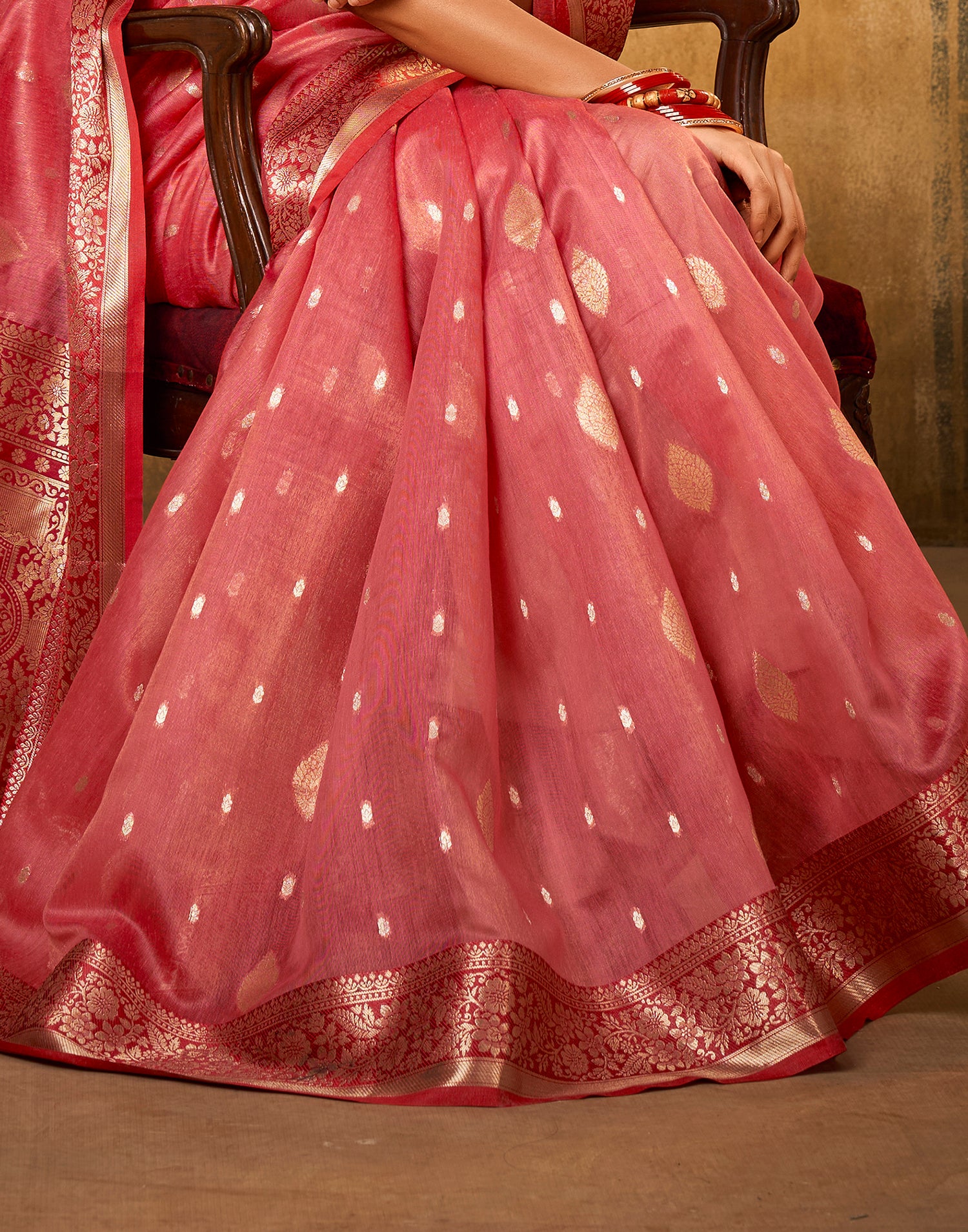 Coral Pink Silk Saree