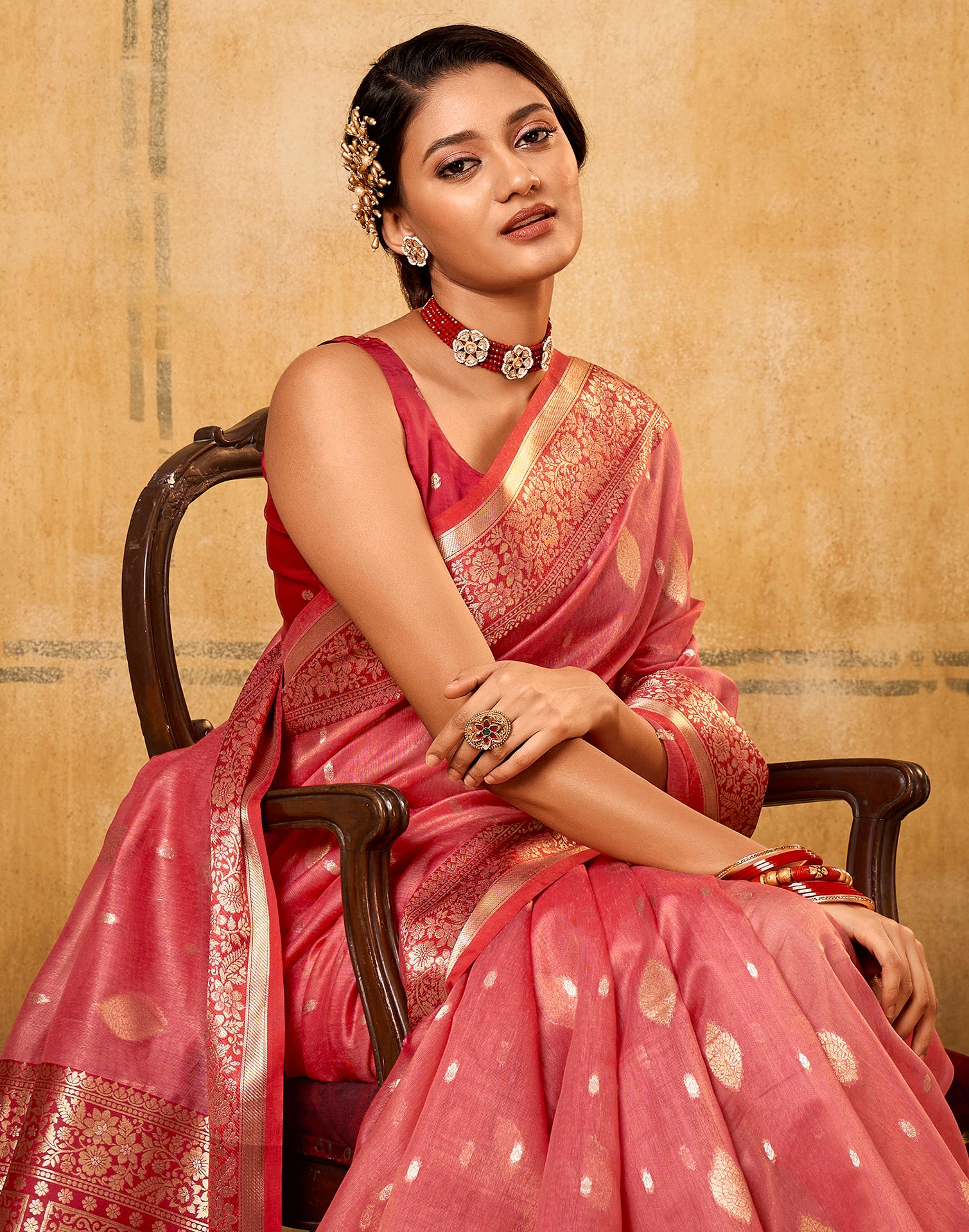 Coral Pink Silk Saree