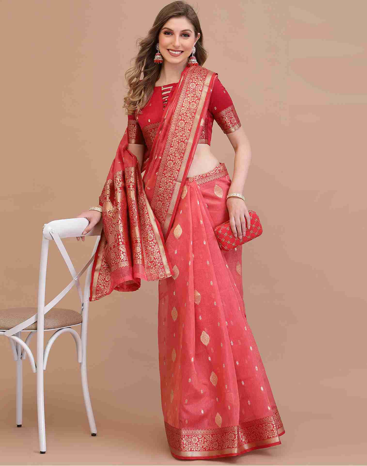 Coral Pink Silk Saree