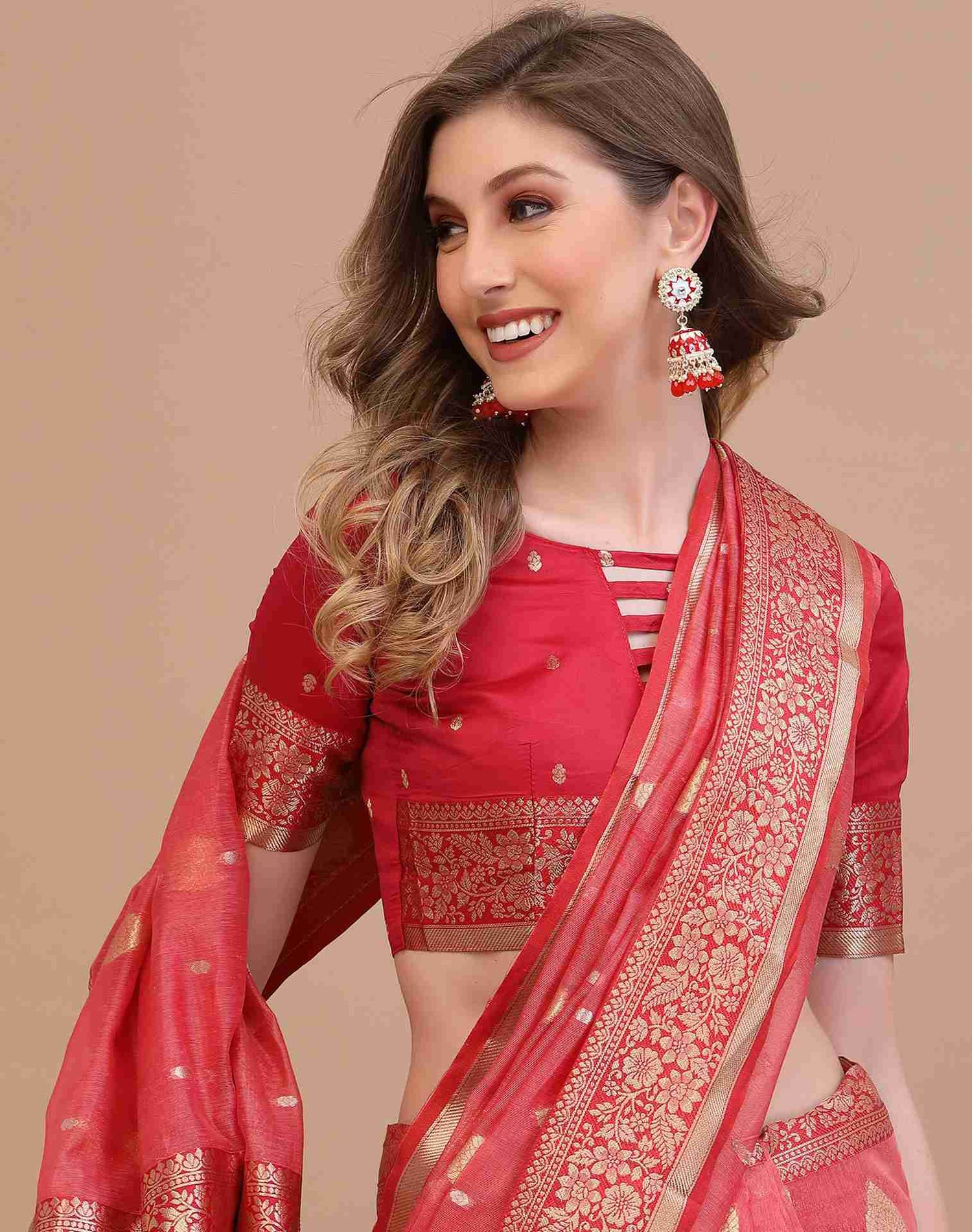 Coral Pink Silk Saree