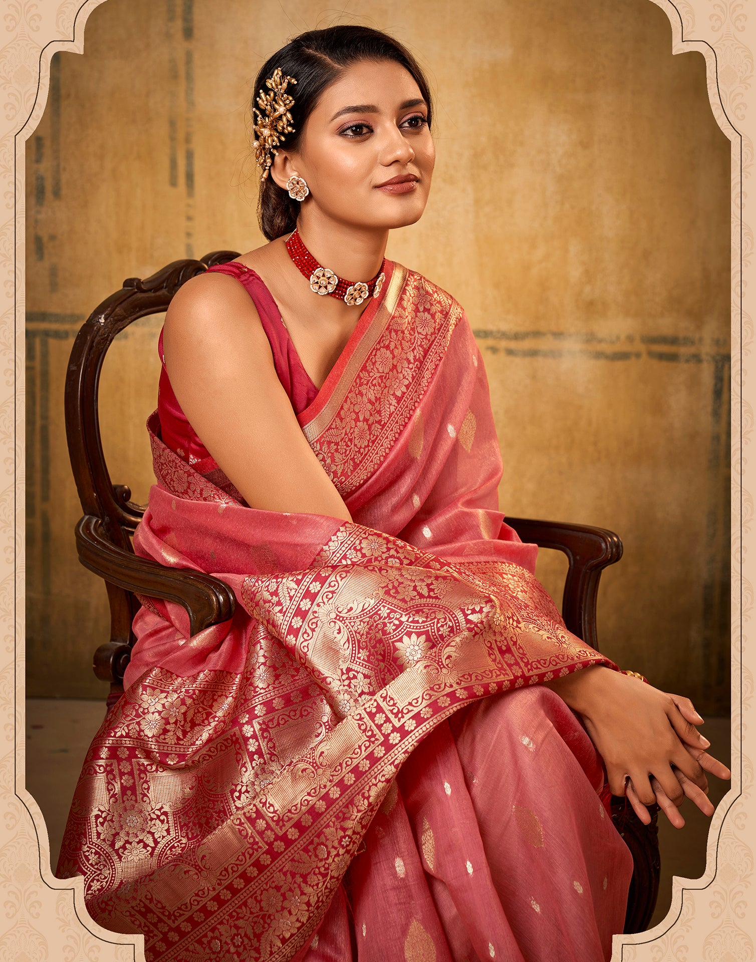 Coral Pink Silk Saree