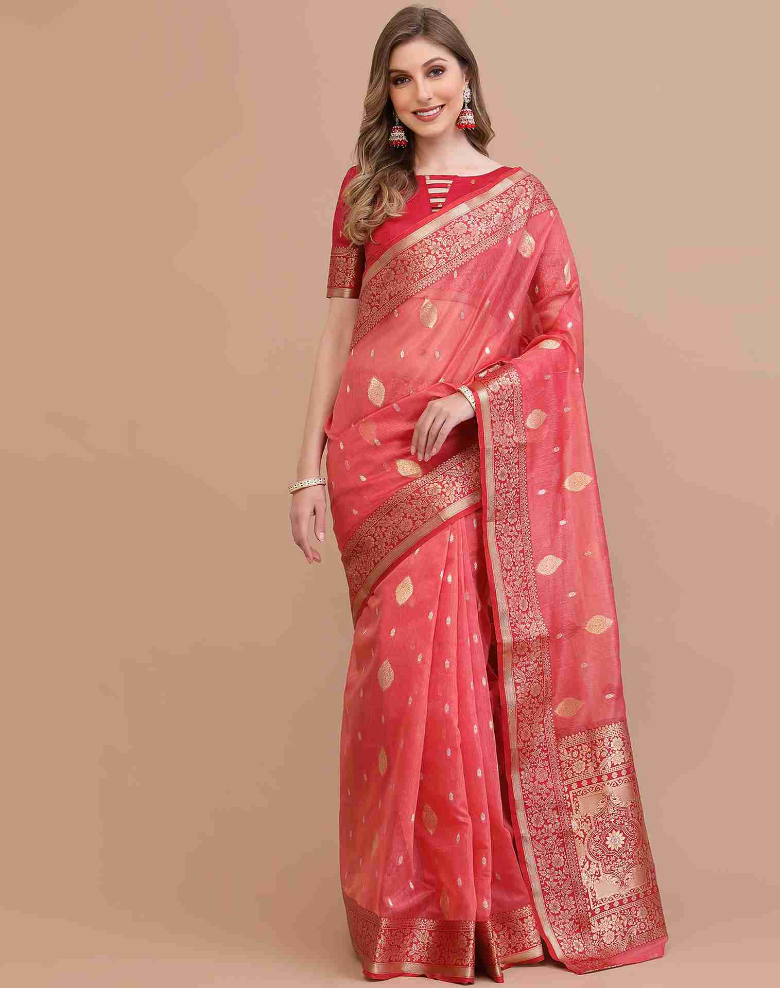 Coral Pink Silk Saree