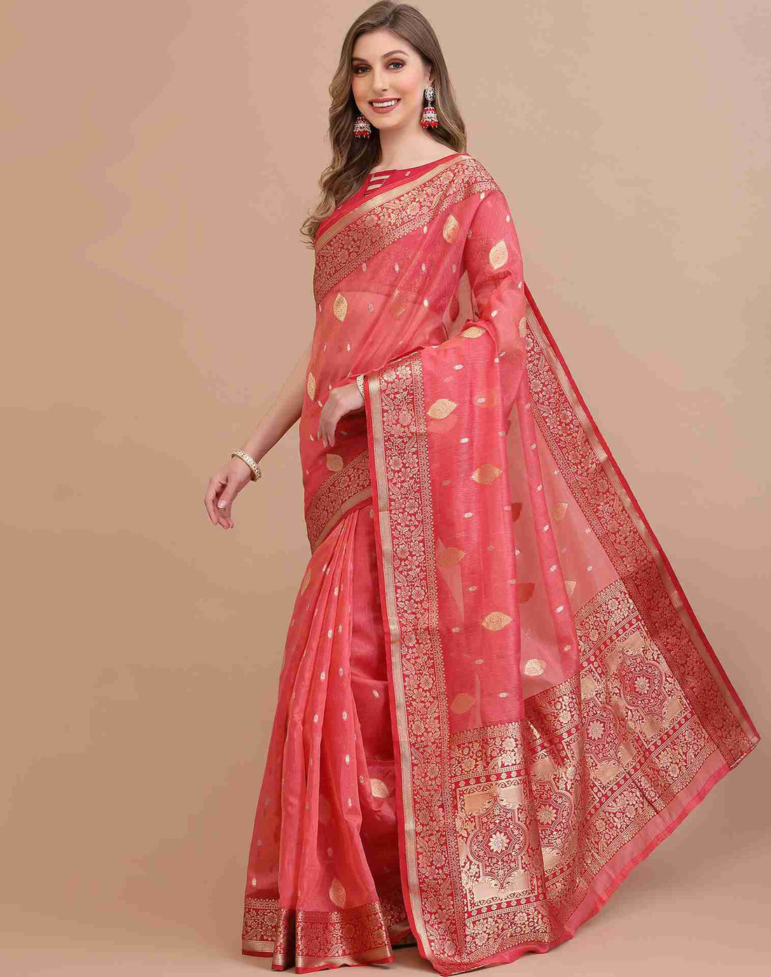 Coral Pink Silk Saree