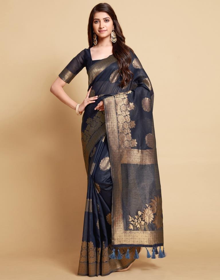 Navy Blue Tassel Saree | Leemboodi