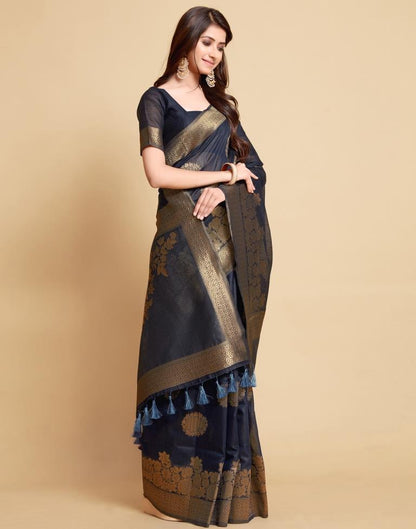 Navy Blue Tassel Saree | Leemboodi