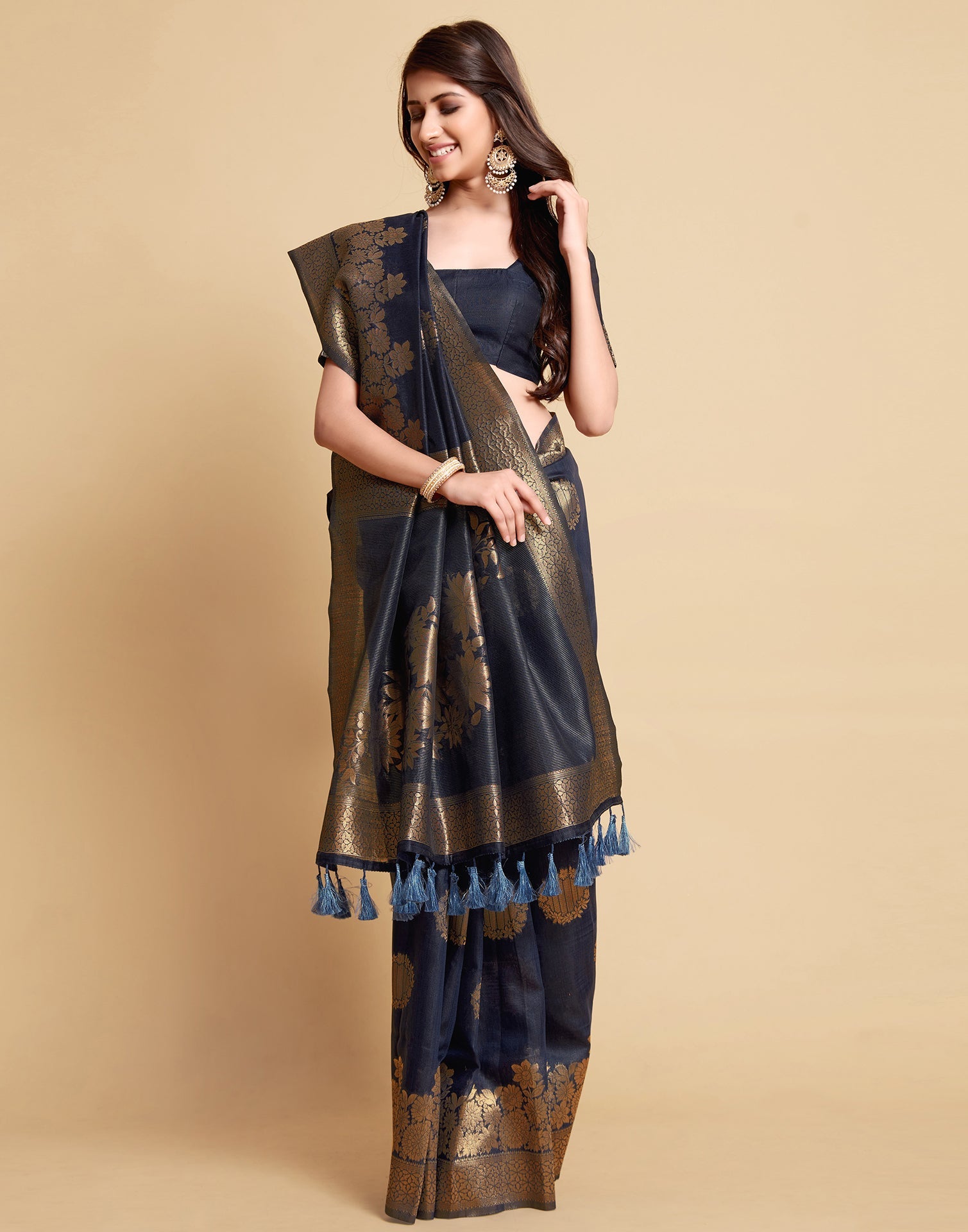 Navy Blue Tassel Saree | Leemboodi