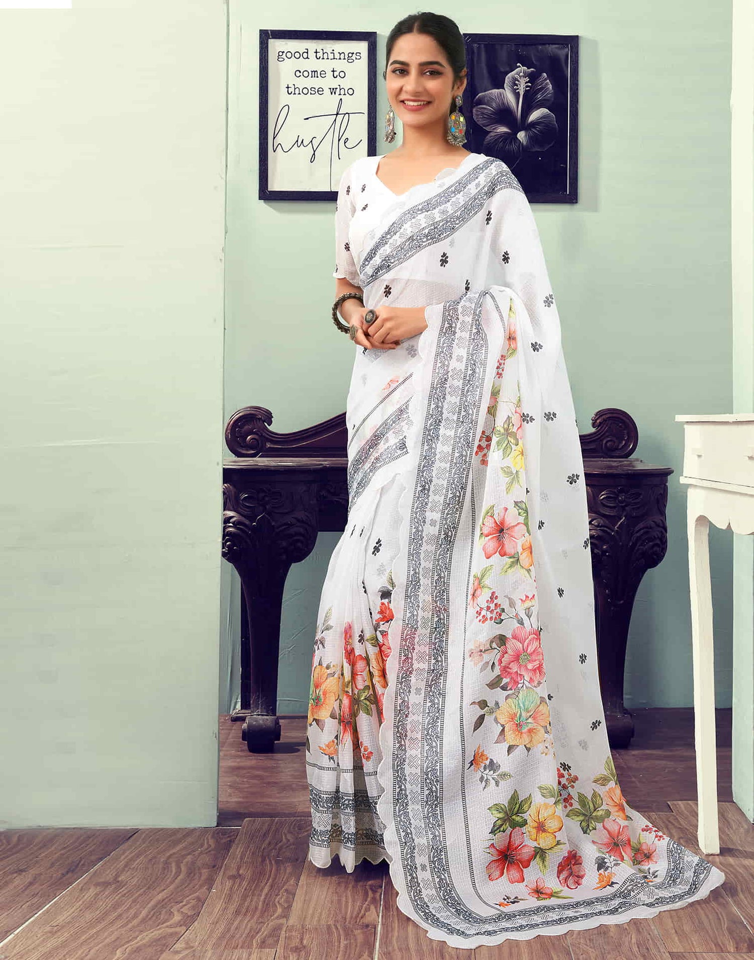 Ready To Wear White Printed Woven Saree