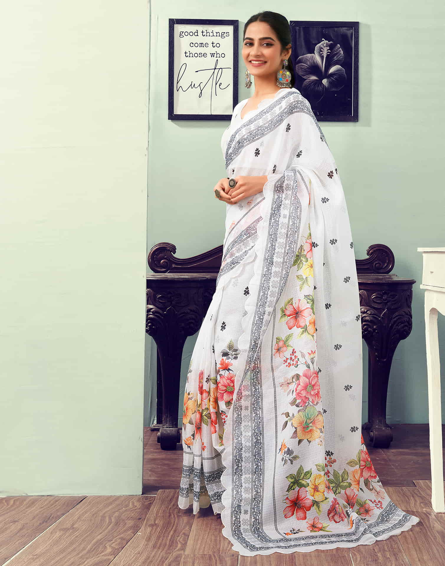 Ready To Wear White Printed Woven Saree