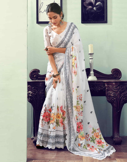 Ready To Wear White Printed Woven Saree