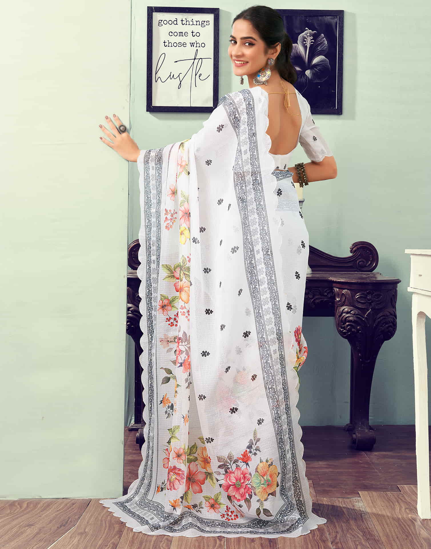 Ready To Wear White Printed Woven Saree