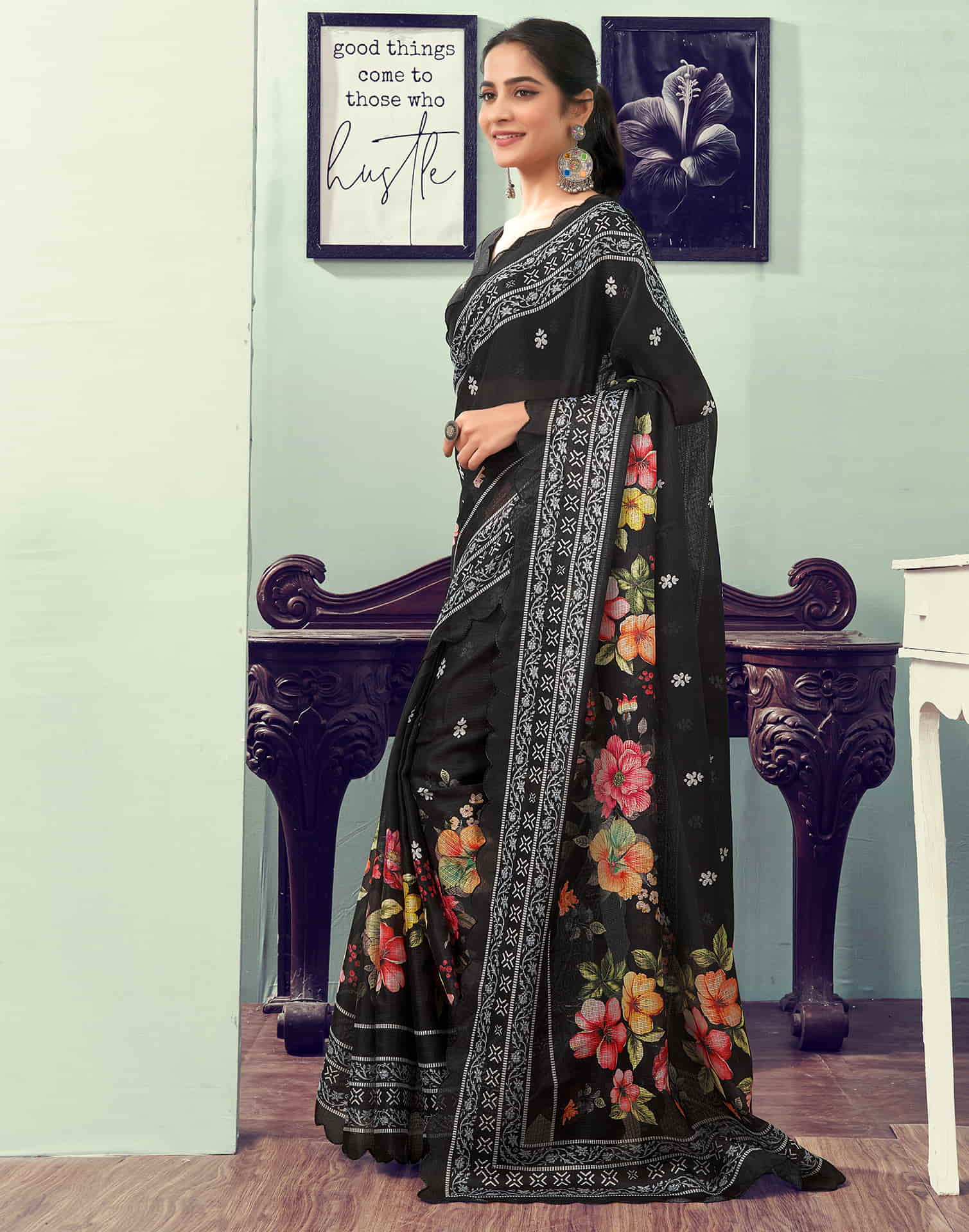 Ready To Wear Black Printed Woven Saree