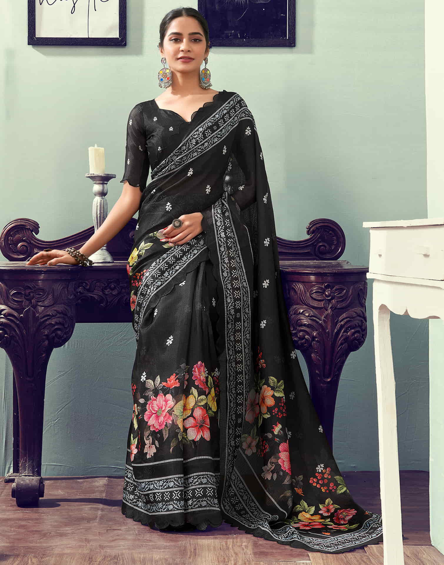 Ready To Wear Black Printed Woven Saree