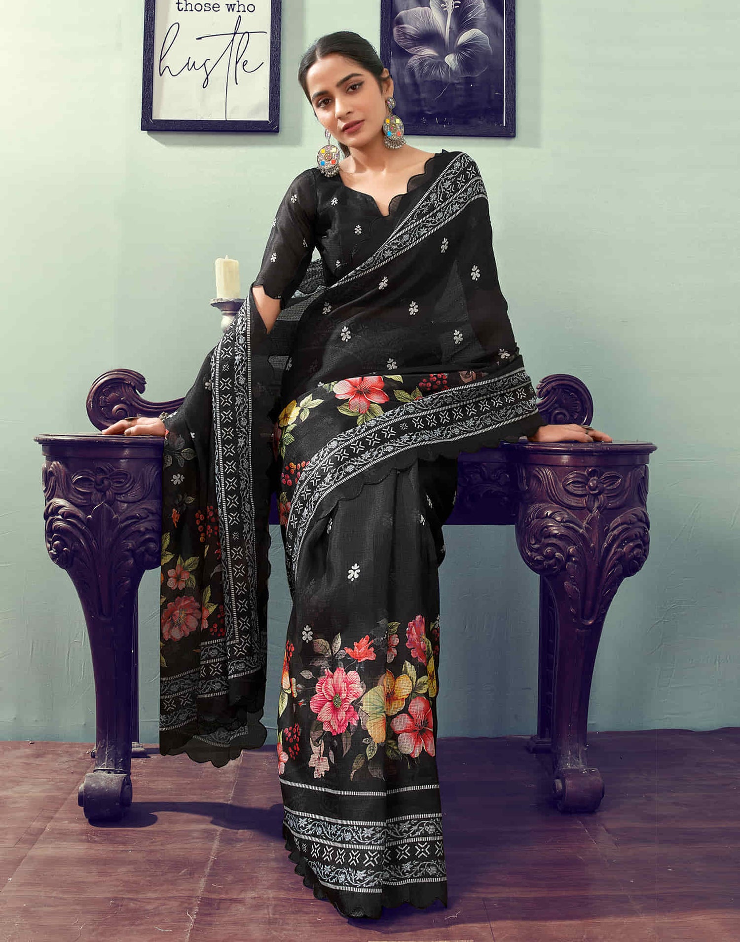 Ready To Wear Black Printed Woven Saree