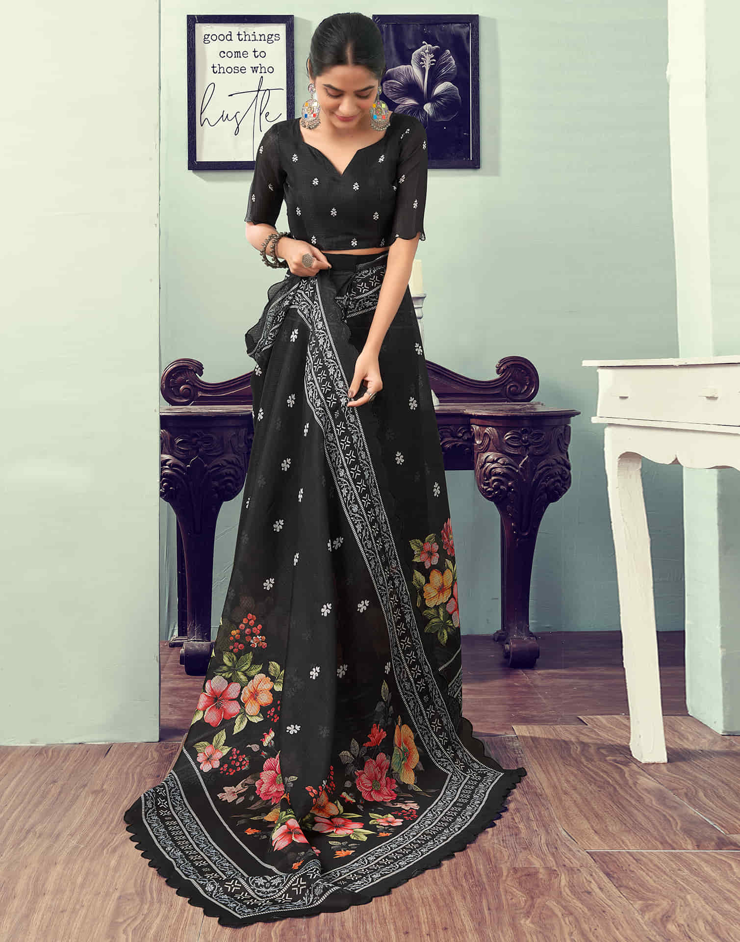 Ready To Wear Black Printed Woven Saree