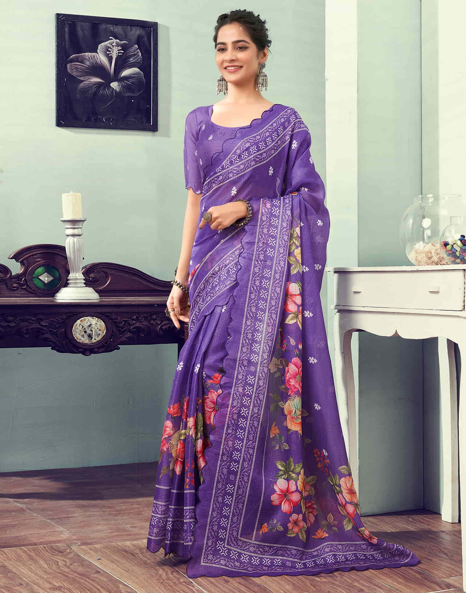 Ready To Wear Purple Printed Woven Saree