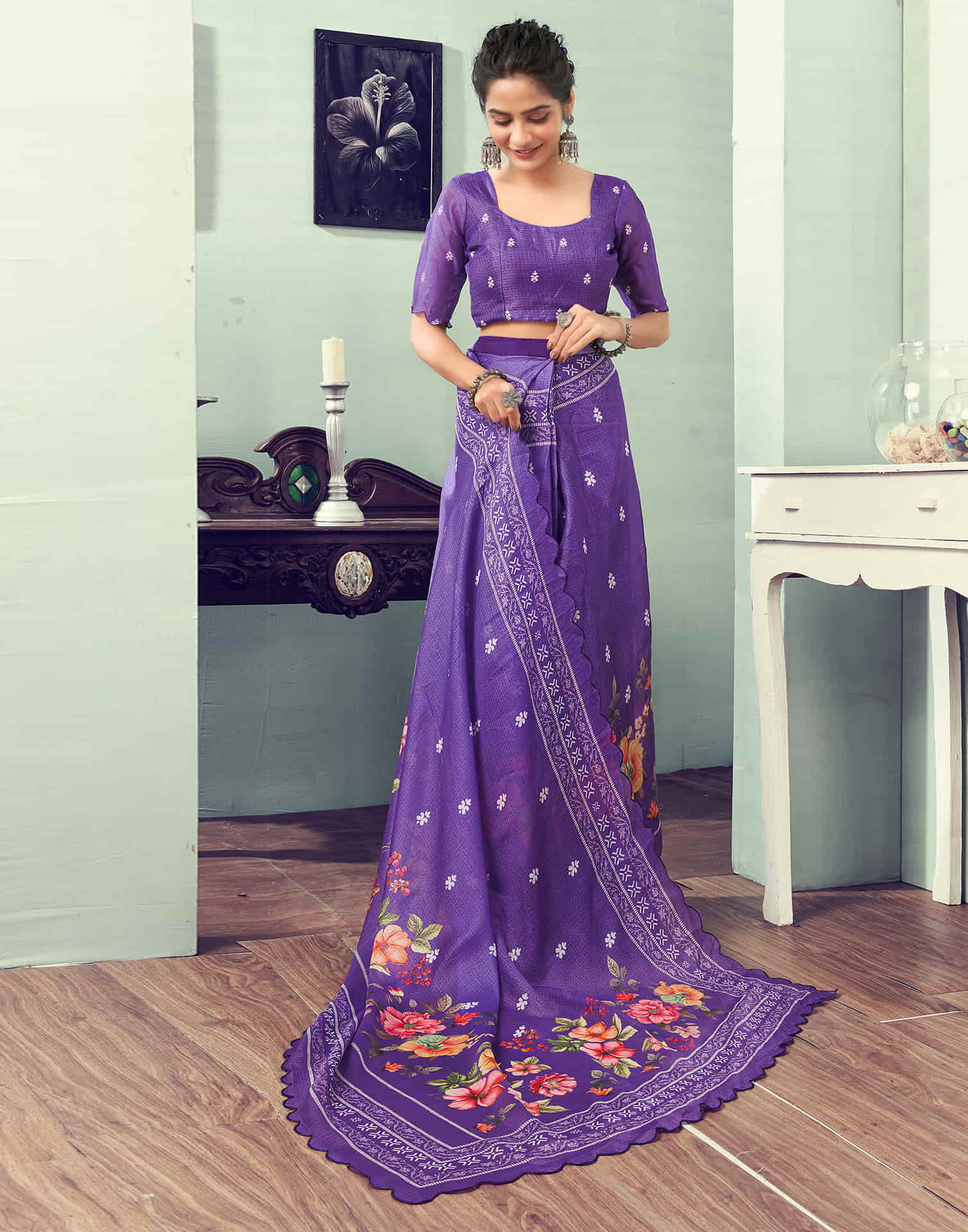 Ready To Wear Purple Printed Woven Saree