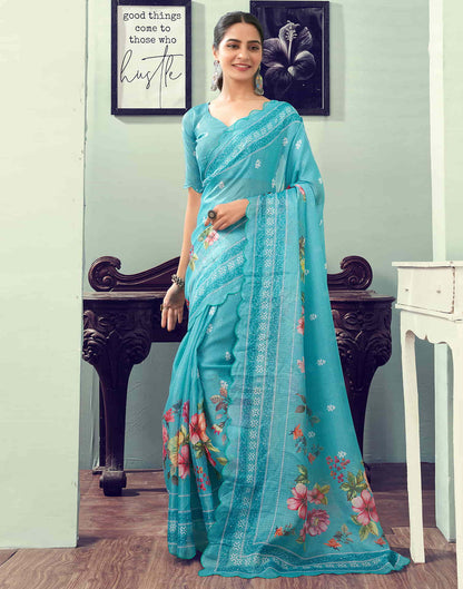 Ready To Wear Turquoise Printed Satin Saree