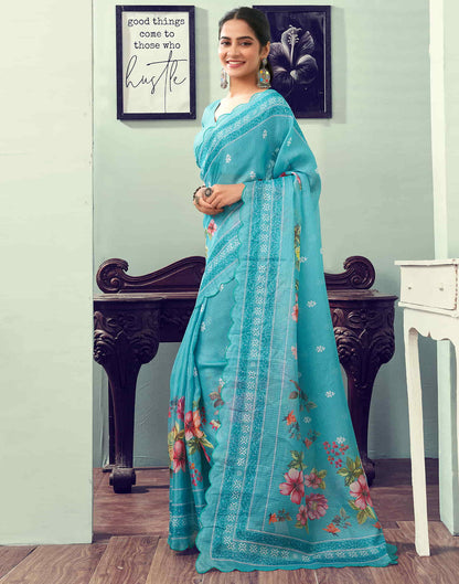 Ready To Wear Turquoise Printed Satin Saree