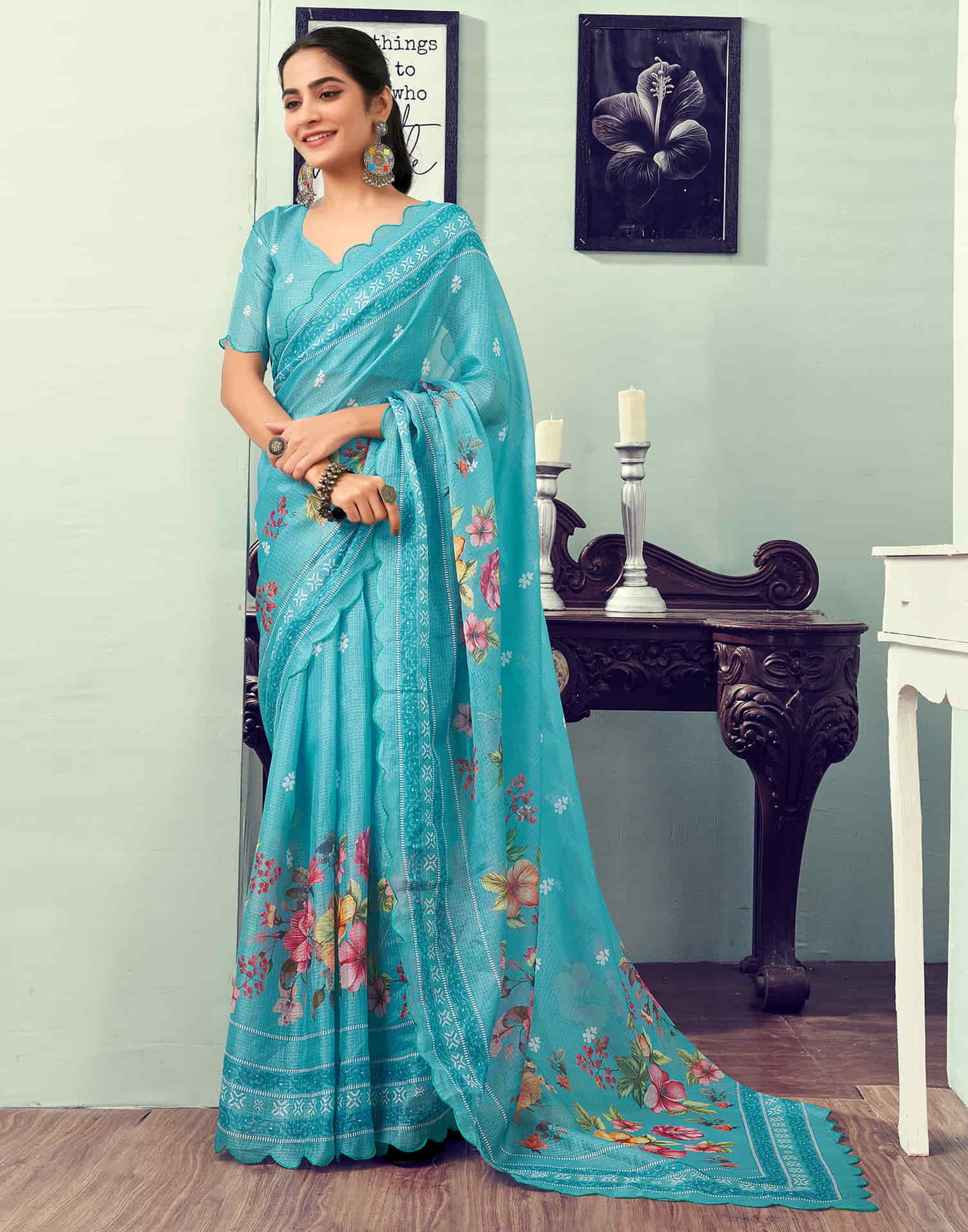 Ready To Wear Turquoise Printed Satin Saree