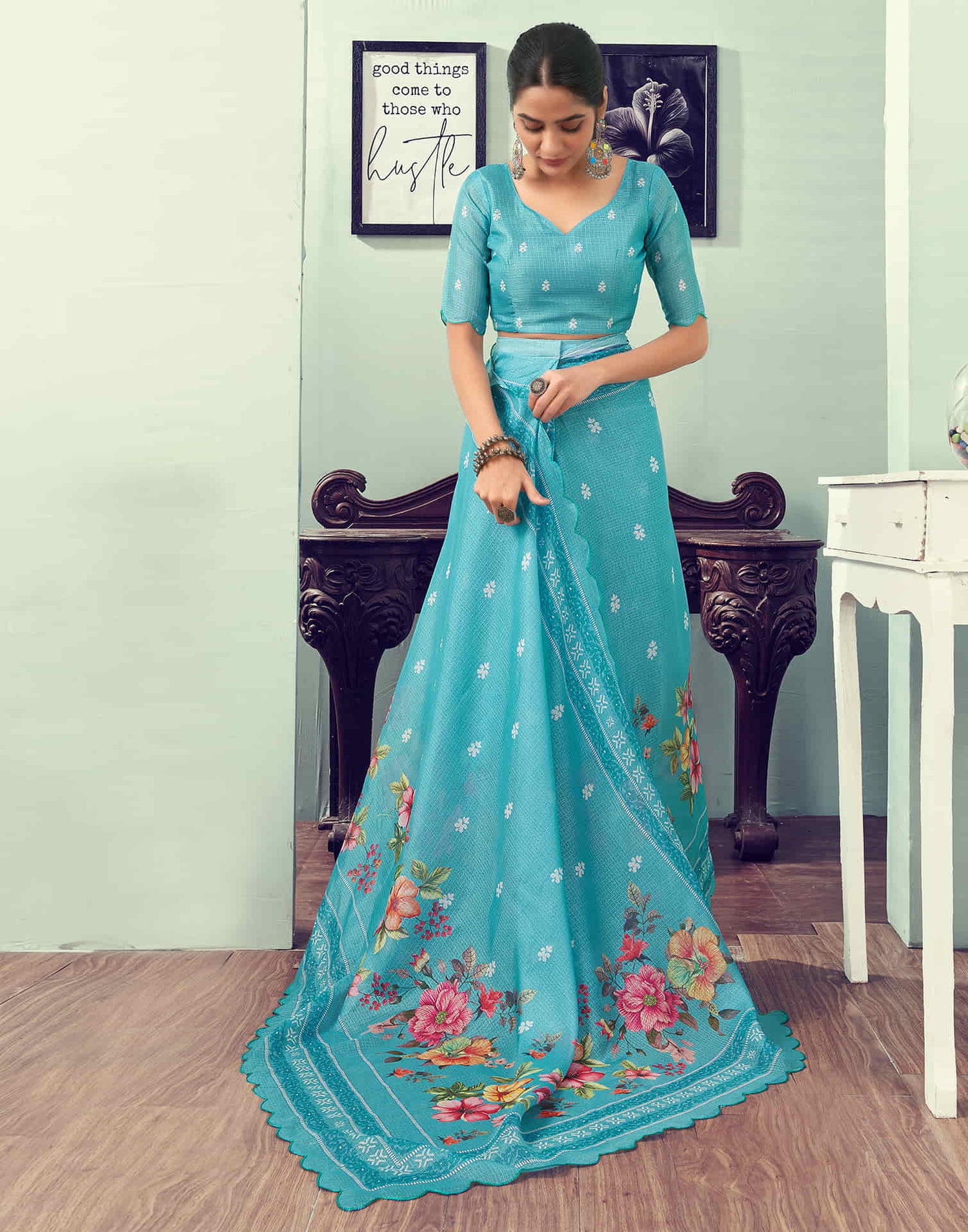 Ready To Wear Turquoise Printed Satin Saree