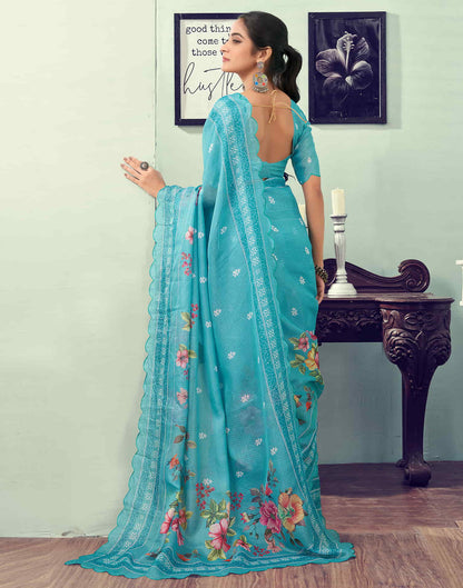 Ready To Wear Turquoise Printed Satin Saree